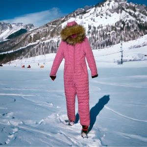 Pink Puffer Ski Jumpsuit with Faux Fur Trimmed Hood - Size Small